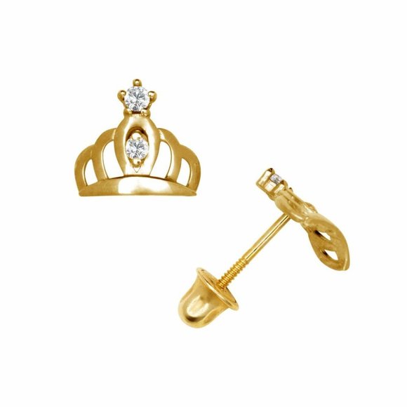 14K Solid Gold Royal Crown Screw back Stud Earrings with Sparkling White Stones - Picture 2 of 3